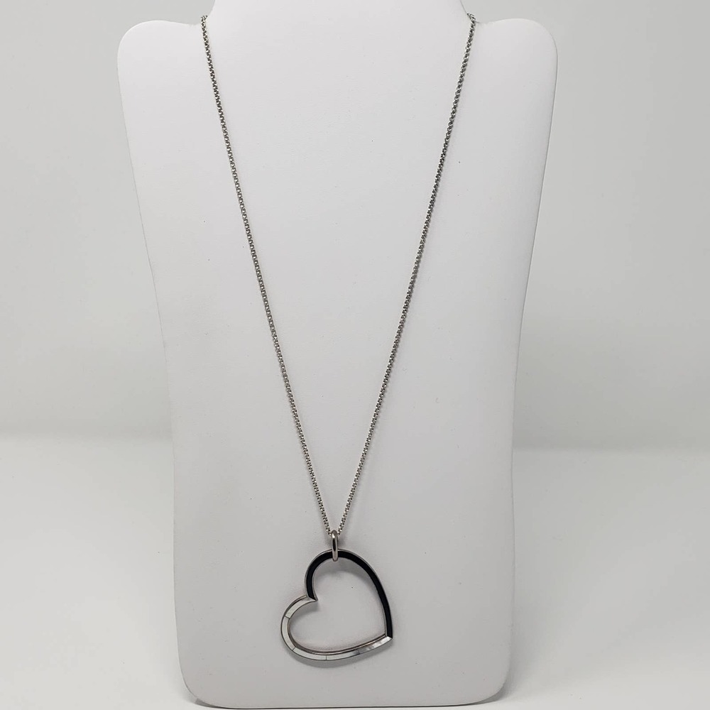 Sterling Silver Heart Pendant MOP Onyx Necklace - Picture 2 of 7